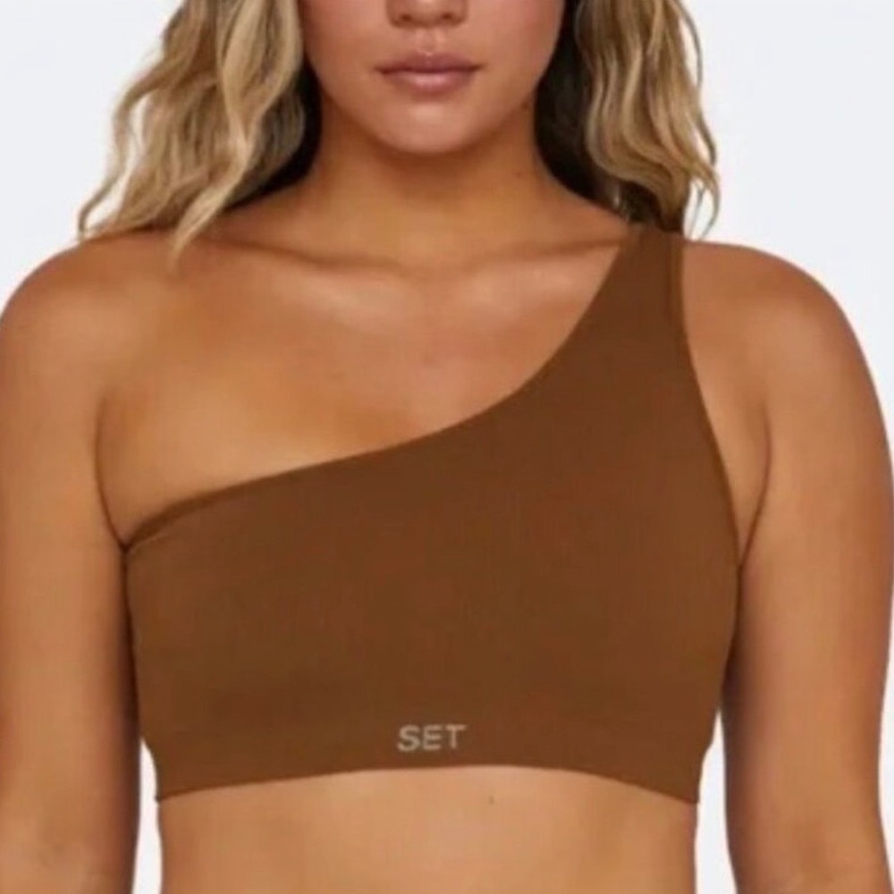 SET ACTIVE‎ Sculptex Ribbed One Shoulder Bra In Havana Brown Size M Athleisure